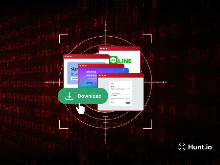 Huntio's tweet card. Read how attackers distribute backdoored Signal, Line, and Gmail installers through fraudulent download pages and how to defend against this campaign.