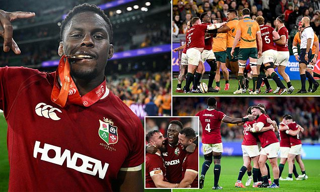 Nik_Simon88's tweet card. NIK SIMON: With the Lions versus Wallabies series wrapped up, Maro Itoje draped an arm around his wife, bit on his medal and made an 'M' symbol with his fingers for the cameras.