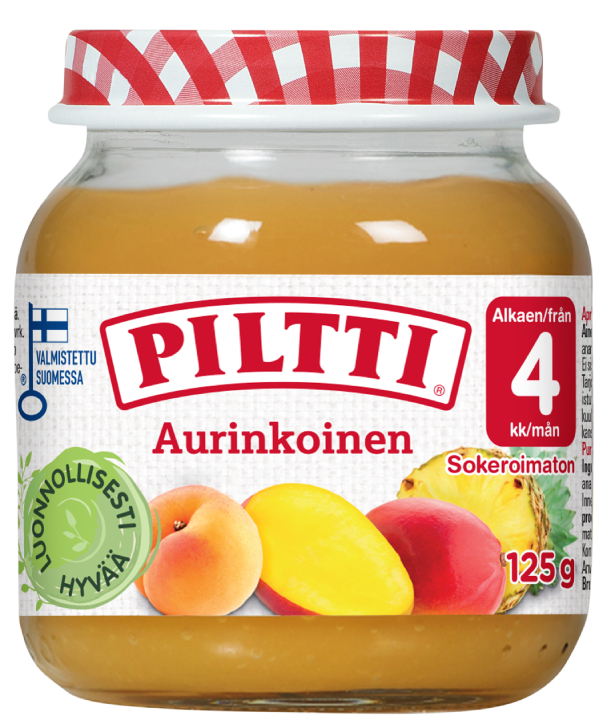 PiiaBartos's tweet card. PILTTI Aurinkoinen on herkullinen mangosta, aprikoosista ja ananaksesta tehty sose. Tuote sisältää runsaasti C-vitamiinia.