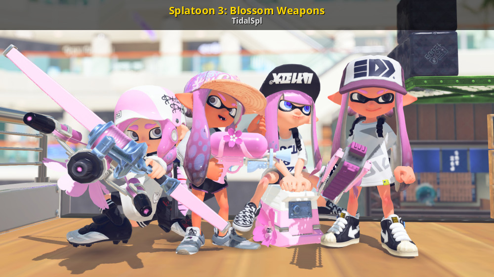 TidalSpl's tweet card. Blossom-ified Weapons!... A Splatoon 3 (SPLATOON 3) Work In Progress in the Texture category, submitted by TidalSpl