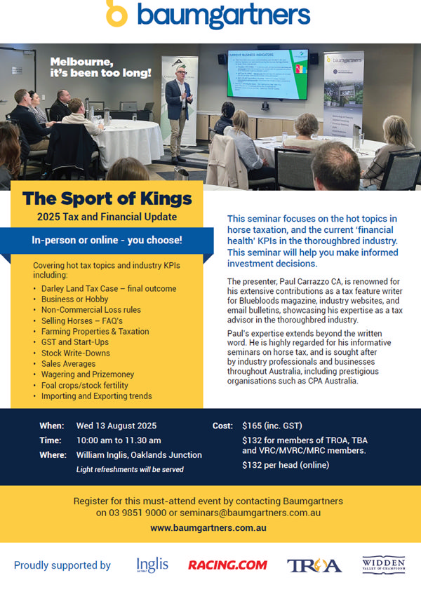 BreednetNews's tweet card. It gives Baumgartners great pleasure to announce that the Paul Carrazzo’s “Sport of Kings” horse tax talk returns to Inglis Melbourne on Wednesday 13 August.