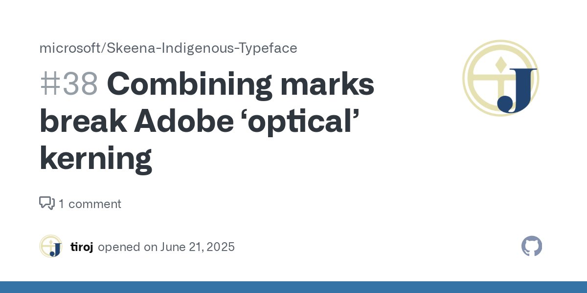 TiroTypeworks's tweet card. This was reported by Tanya White (Gudangée Tláats’gaa), a graphic designer from the Haida Nation. I have tested and confirmed that this is not a font issue, but am recording it here as a known envi...