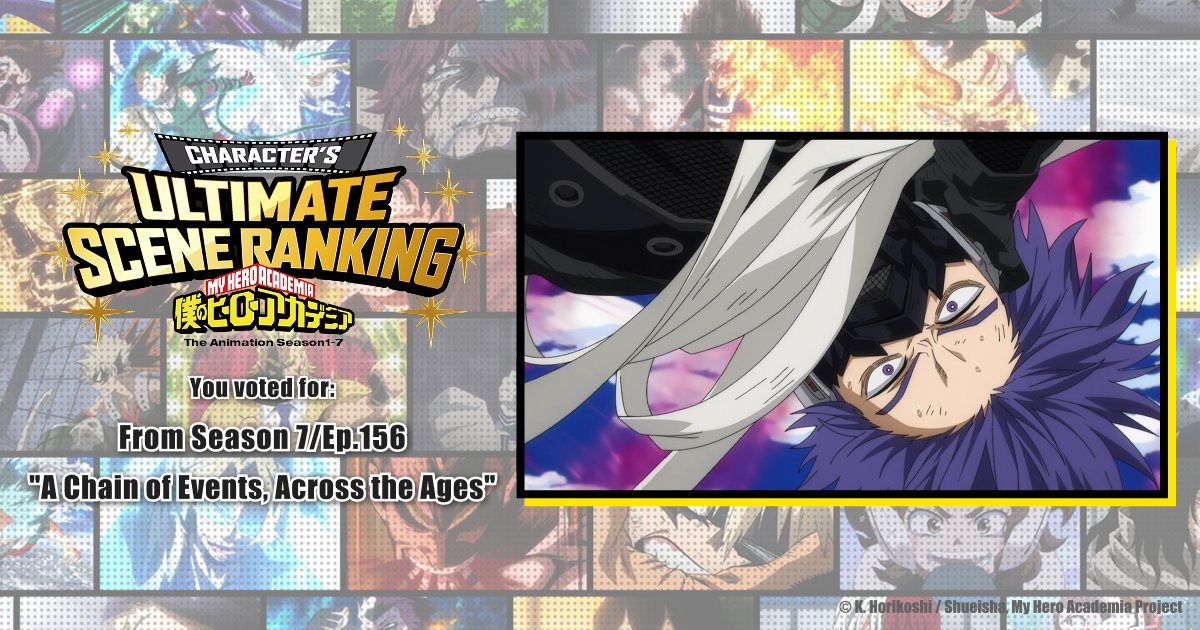UniIsCorny's tweet card. The My Hero Academia fan vote "ULTIMATE SCENE RANKING" is now live! Choose the top scenes for 42 heroes and villains from Seasons 1 through 7!