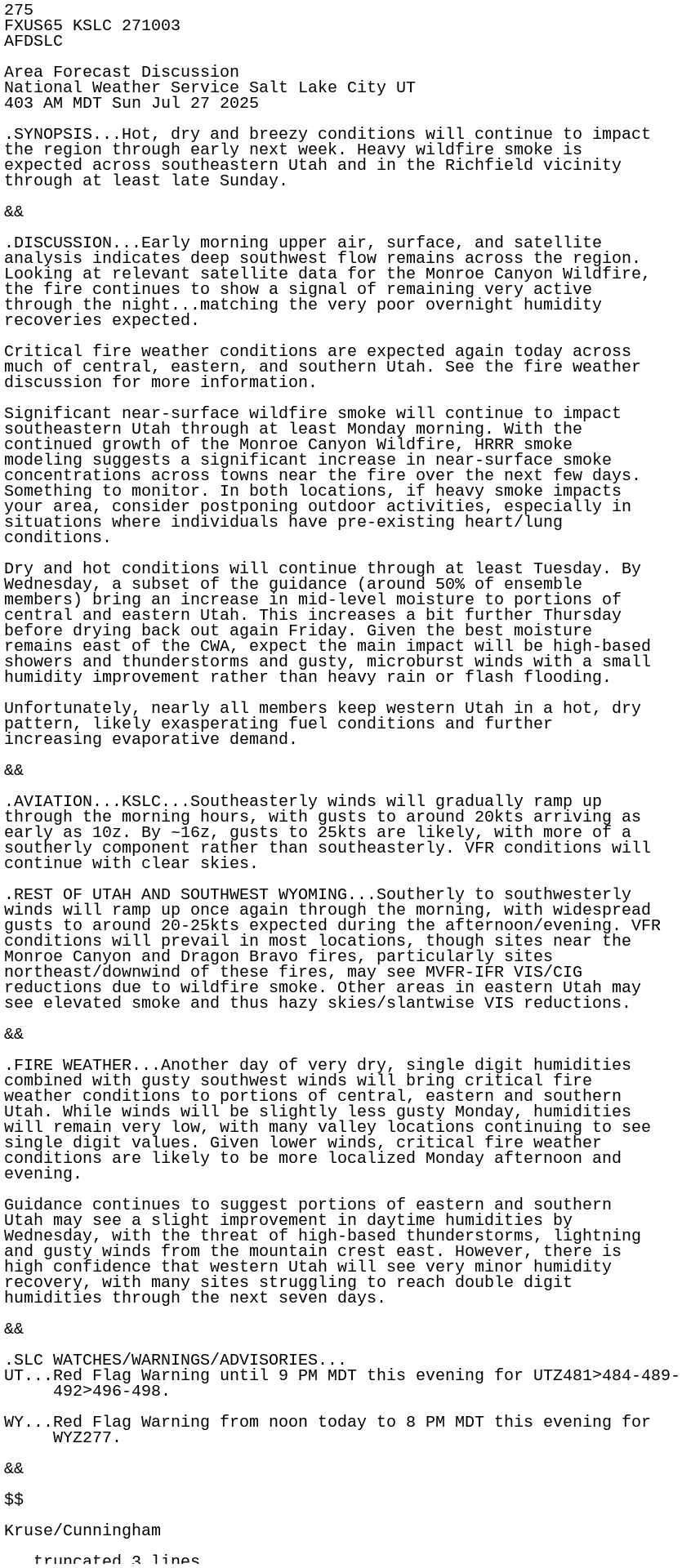 iembot_slc's tweet card. AFD issued by NWS SLC at 27 Jul 2025 10:03 UTC