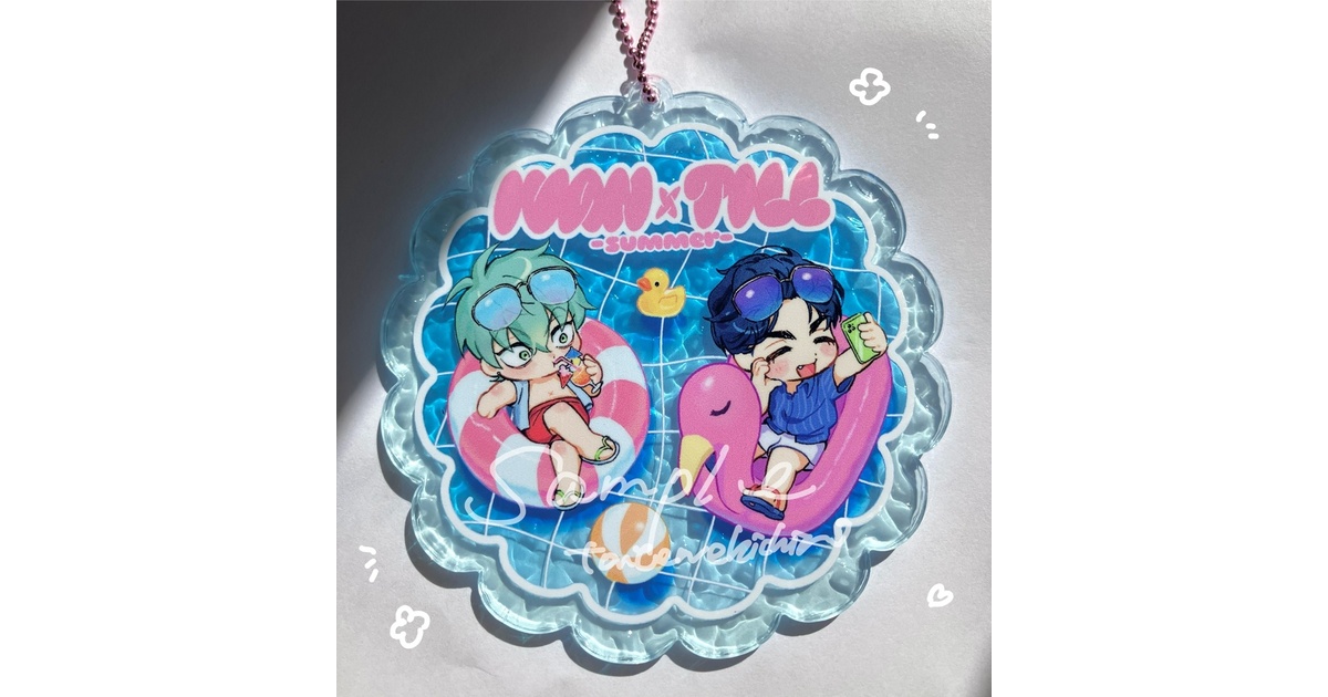 magne_'s tweet card. イヴァン&ティルのサマーアクリルキーホルダーです🌊 ボールチェーンはピンク、サイズは75mmです✌️ アクリル板が水面のようになっていて、涼やかで可愛いです💖 あんしんBOOTHパックで配送させていただきます🙇