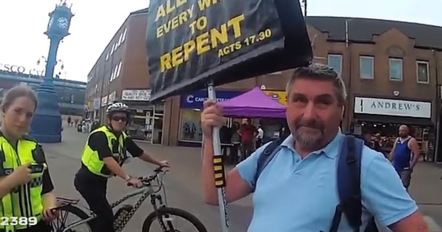 tony80554056's tweet card. A Christian preacher of 25 years was arrested after reportedly asking a woman in a headscarf what she thought about Quran verses on domestic violence. John Steele, 60, had been out in Rotherham town...
