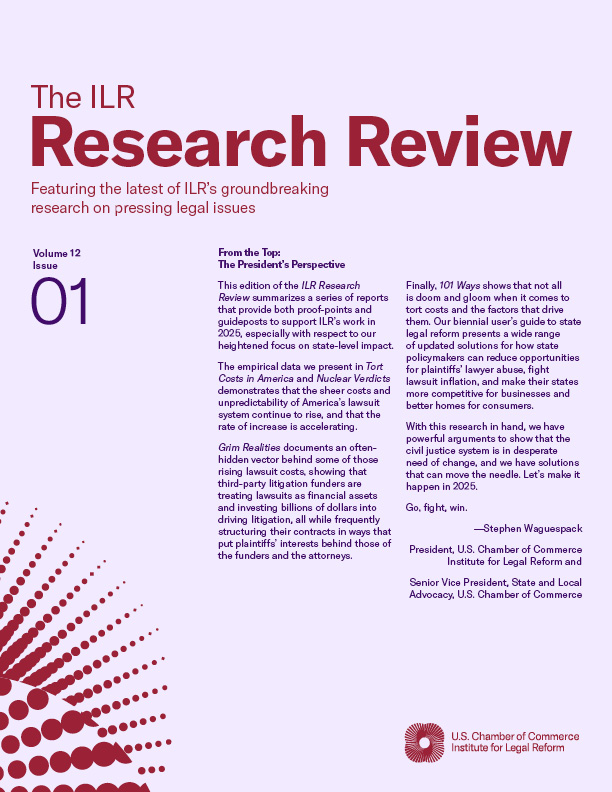 LegalReform's tweet card. ILR Research Review covering tort costs, nuclear verdicts, litigation funding, and state legislative solutions to those issues and more.