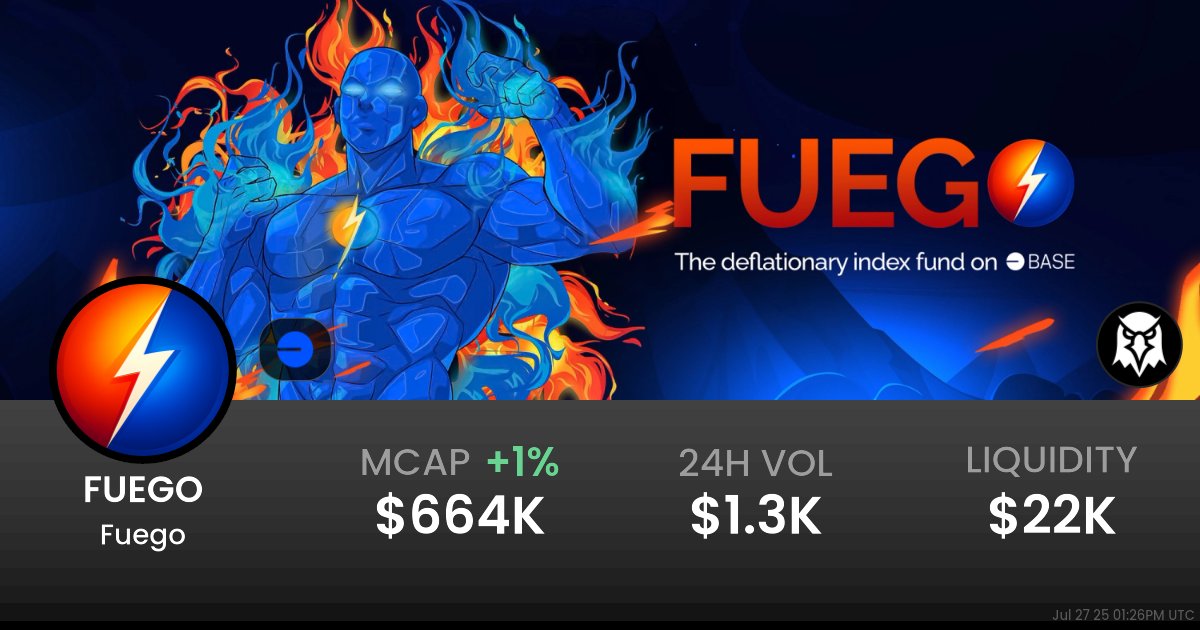 FUEGO_BASE's tweet card. $0.008517 Fuego (FUEGO) realtime price charts, trading history and info - FUEGO / WETH on Base / Uniswap