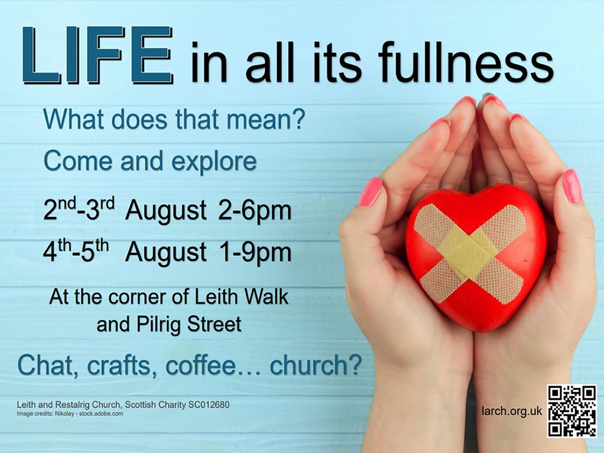 WhatOnEdinburgh's tweet card. For four days at the start of August 2025 we are opening up our Larch Leith Walk building with displays about life, prayer and faith. What's On Edinburgh - your guide to events in Edinburgh!