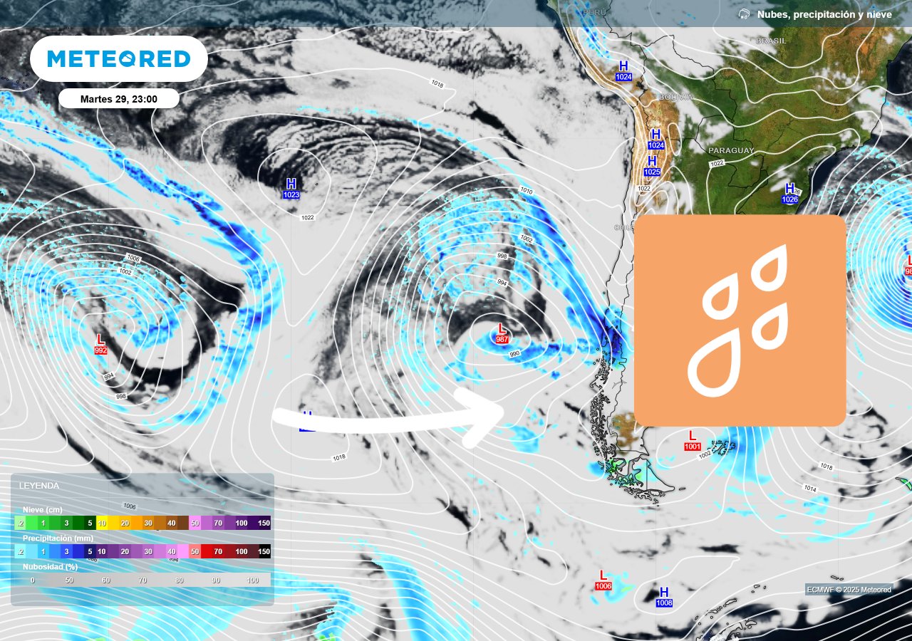 meteoredcl's tweet card. Río atmosférico extremo traerá lluvias fuertes con isoterma cero alta y riesgos a la zona sur de Chile.