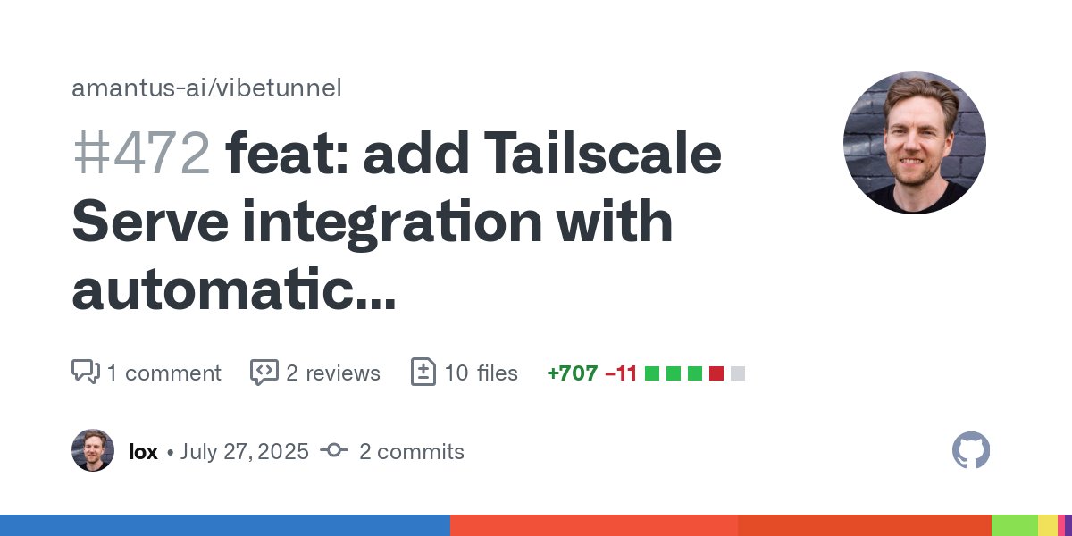 VibeTunnel's tweet card. Summary Add comprehensive Tailscale Serve integration that provides secure, authenticated access to VibeTunnel through Tailscale networks with automatic background process management. Changes Web S...