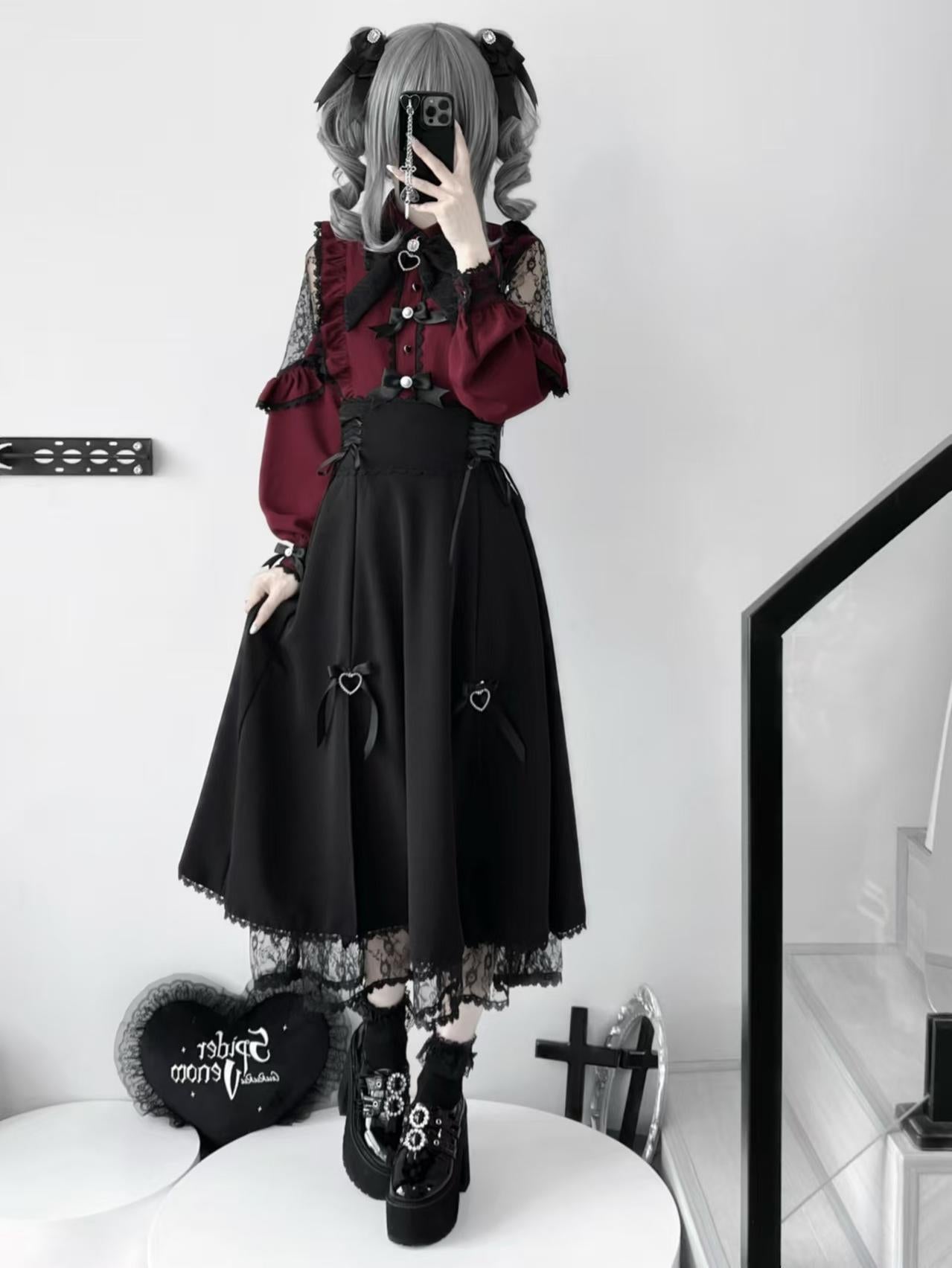 honeywardrobe07's tweet card. Introducing our Jirai Kei fashion skirt set, including a blouse and skirt. Each option is available separately for your preference. The blouse comes in blue, pink, burgundy, and white, featuring...