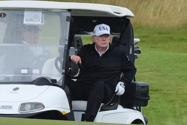 ChiTribBiz's tweet card. President Donald Trump is meeting Sunday with European Commission chief Ursula von der Leyen, taking a break from golfing in Scotland to discuss trade.