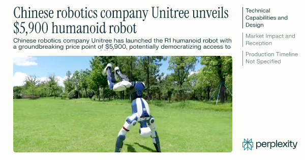 KevinBCook's tweet card. Chinese robotics company Unitree has launched the R1 humanoid robot with a groundbreaking price point of $5,900, potentially democratizing access to advanced...