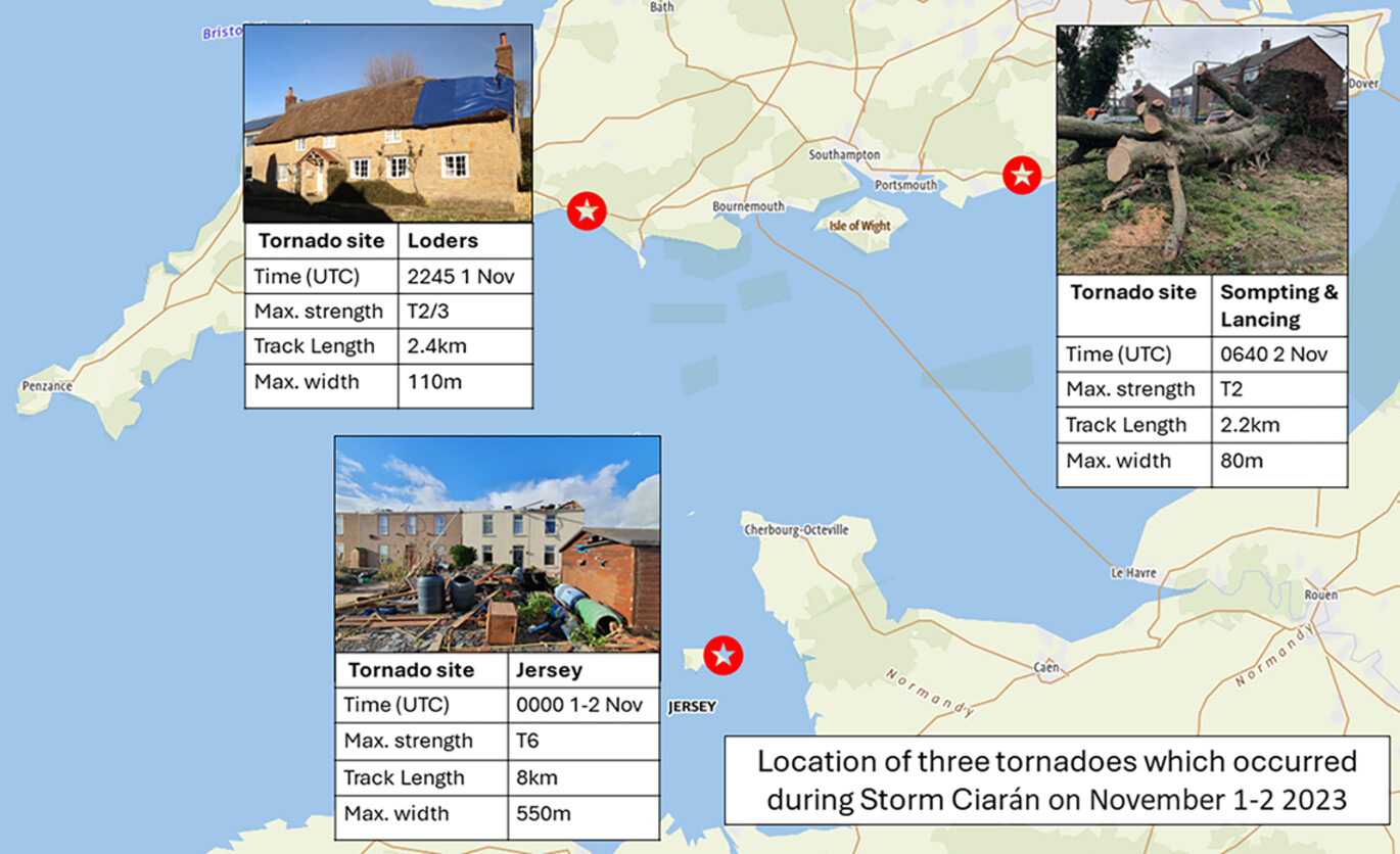 TorroUK's tweet card. Three tornadoes occurred in the British Isles during Storm Ciarán on 1–2 November 2023, affecting Jersey (Channel Islands), Loders in Dorset and Sompting/Lancing in West Sussex. These were investig...