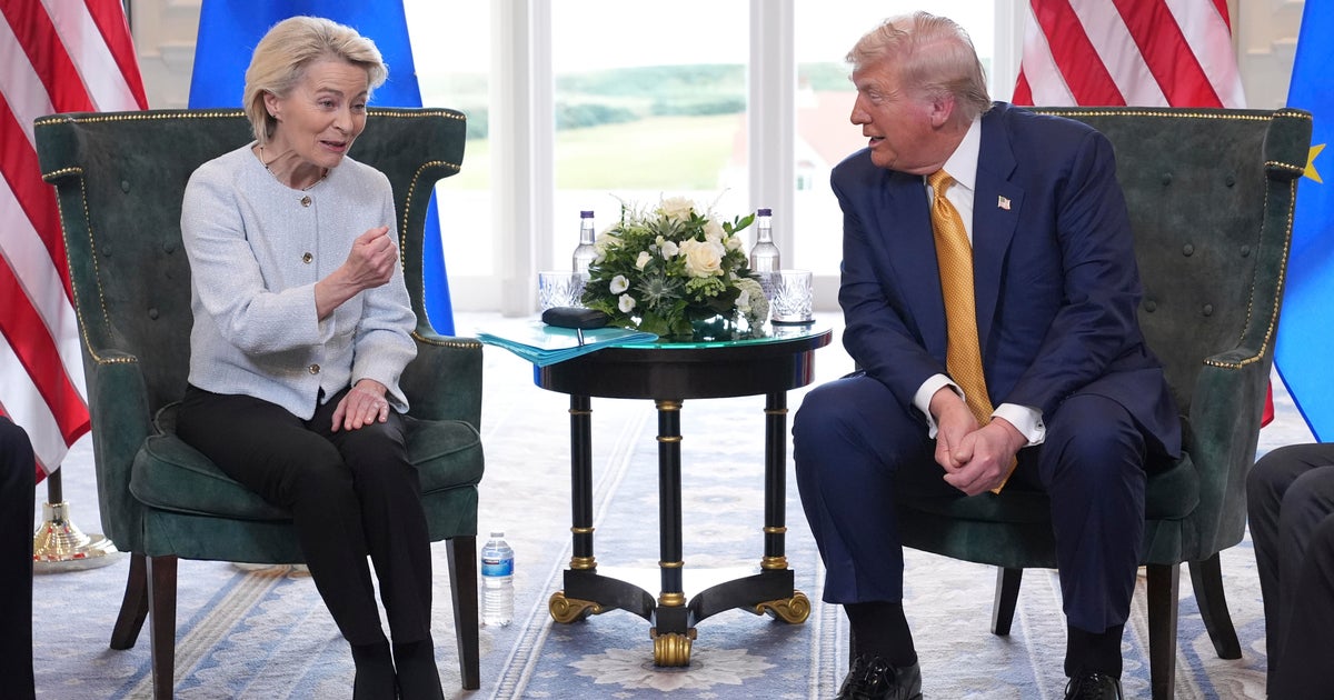 CBSSacramento's tweet card. President Trump met with top European officials demanding fairer trade with the 27-member European Union at his golf course on the Scottish coast.
