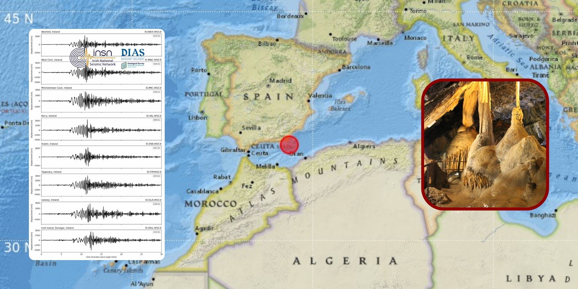 CorkSafetyAlert's tweet card. Spanish earthquake strong enough to register in Mitchelstown Cave shows how seismic waves travel across continents.