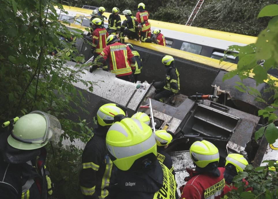 Navinupadhya's tweet card. Tragedy struck southwest Germany as two carriages of a Deutsche Bahn train derailed near Zwiefaltendorf. A possible landslide linked to