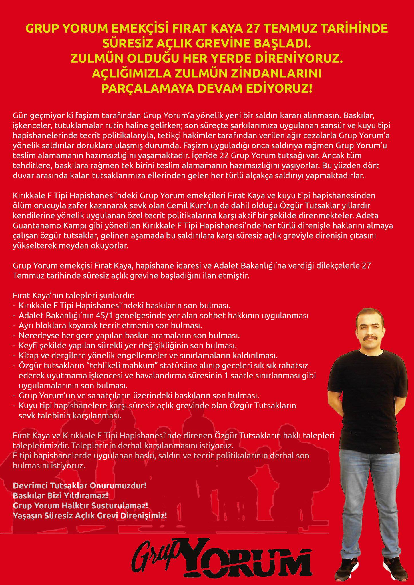 AgiAlevi's tweet card.  “Zulmün Olduğu Her Yerde Direniyoruz, Açlığımızla Zindan Duvarlarını Parçalıyoruz” ⌈Haber Merkezi⌉ Grup Yorum emekçisi Fırat Kaya, 27 Temmuz 2025 tarihinde Kırıkkale F Tipi Hapishanesi’nde süresiz...