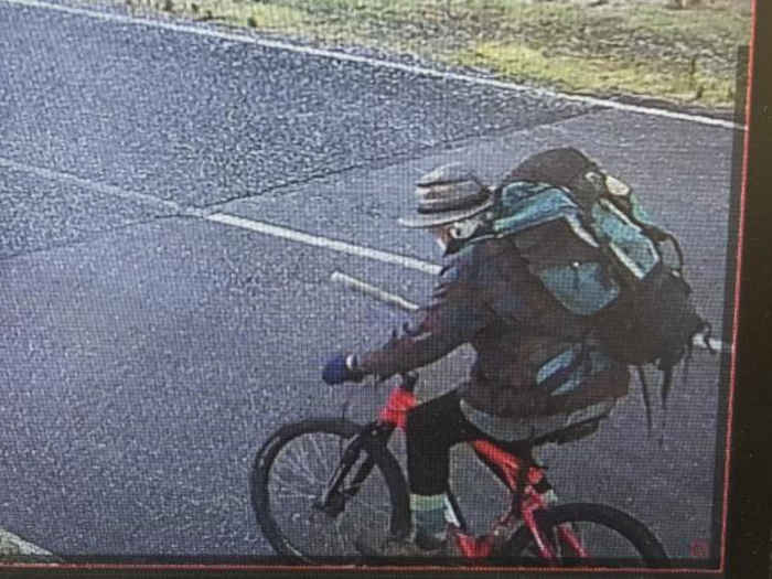 DailyTelegraph5's tweet card. Search for missing tramper Roy Arbon continues as police release a CCTV image of him riding a bike on the morning of 23 July.