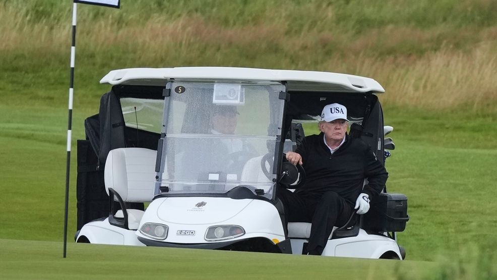 wachfox's tweet card. President Donald Trump spent his Saturday playing gold at his course in Turnberry, Scotland when hundreds of protesters took to the streets.