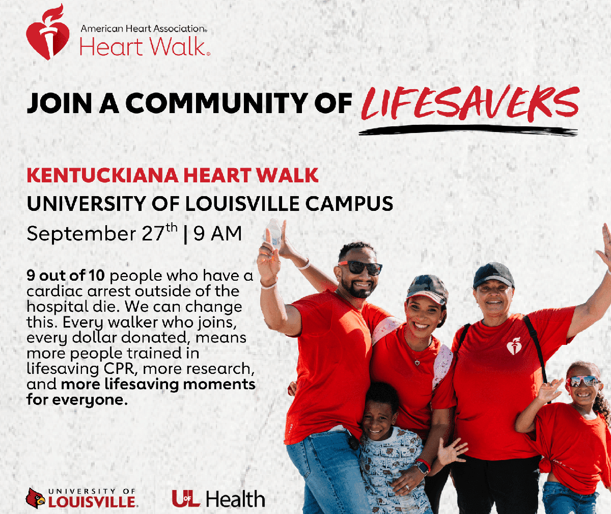UofLHealth's tweet card. Join us for the 2025 Kentuckiana Heart Walk. 9 out of 10 people who have a cardiac arrest outside of the hospital die. We can change this. Every walker who joins, every dollar donated, means more...