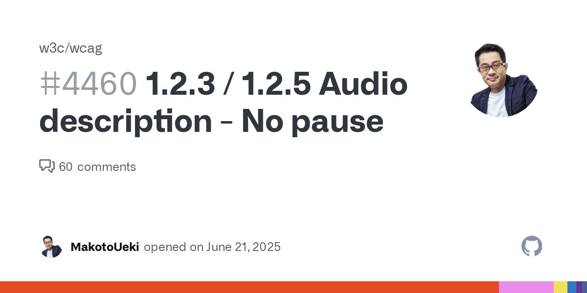 mt_dew2's tweet card. If a video has no pause in dialogue to provide audio descriptions, is the video considered to meet SC 1.2.3 / 1.2.5 Audio description? Even if the content author want to provide audio descriptions ...