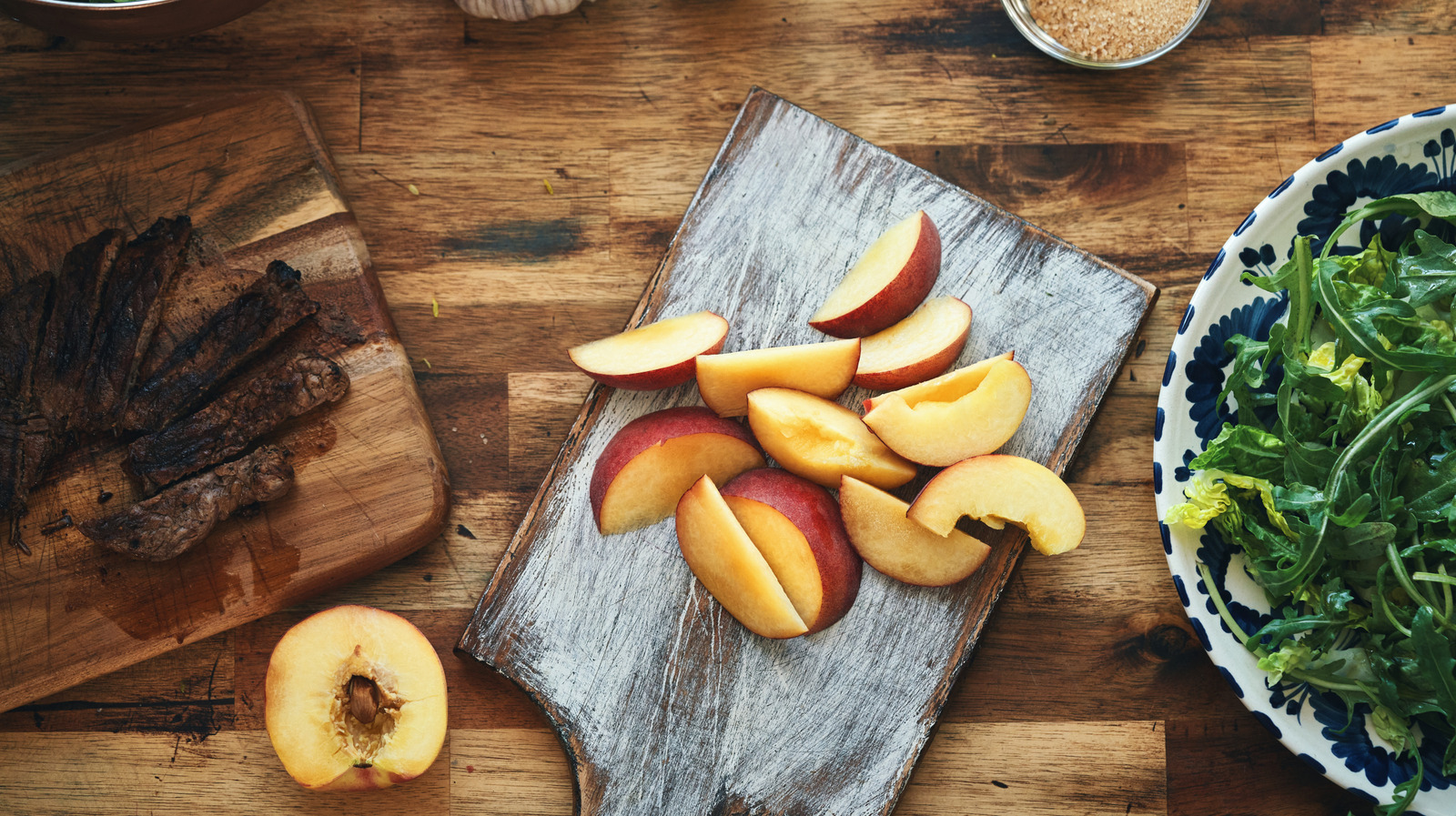 thetakeout's tweet card. Executive chef Greg Garrison suggests using diced peaches in marinades for grilled meats. They bring a natural sweetness and acidity and help caramelize meat.