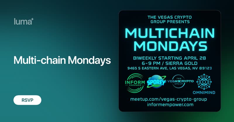 Sporey_io's tweet card. Vegas Crypto Group Presents: Multichain Mondays 📍 Sierra Gold – 9465 S Eastern Ave, Las Vegas, NV 89123 🗓️ Biweekly on Mondays | 6–9 PM 🟠 Kicking off April…