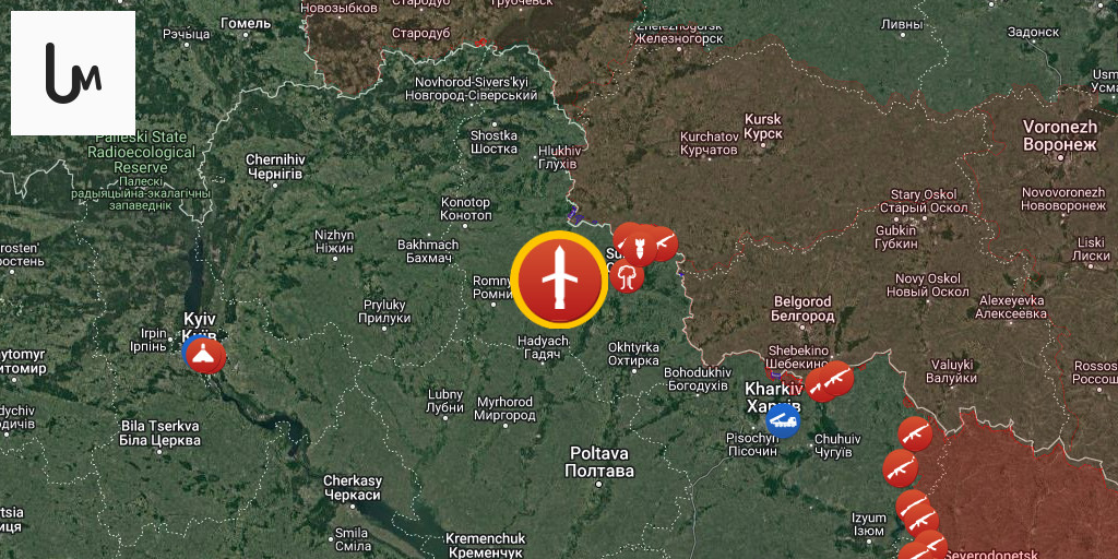 55Sun5's tweet card. The first group of cruise missiles, launched by Russian strategic bombers, entered airspace over Ukraine Sumy Oblast, Ukraine - Ukraine Interactive map - Ukraine Latest news on live map - liveuamap...