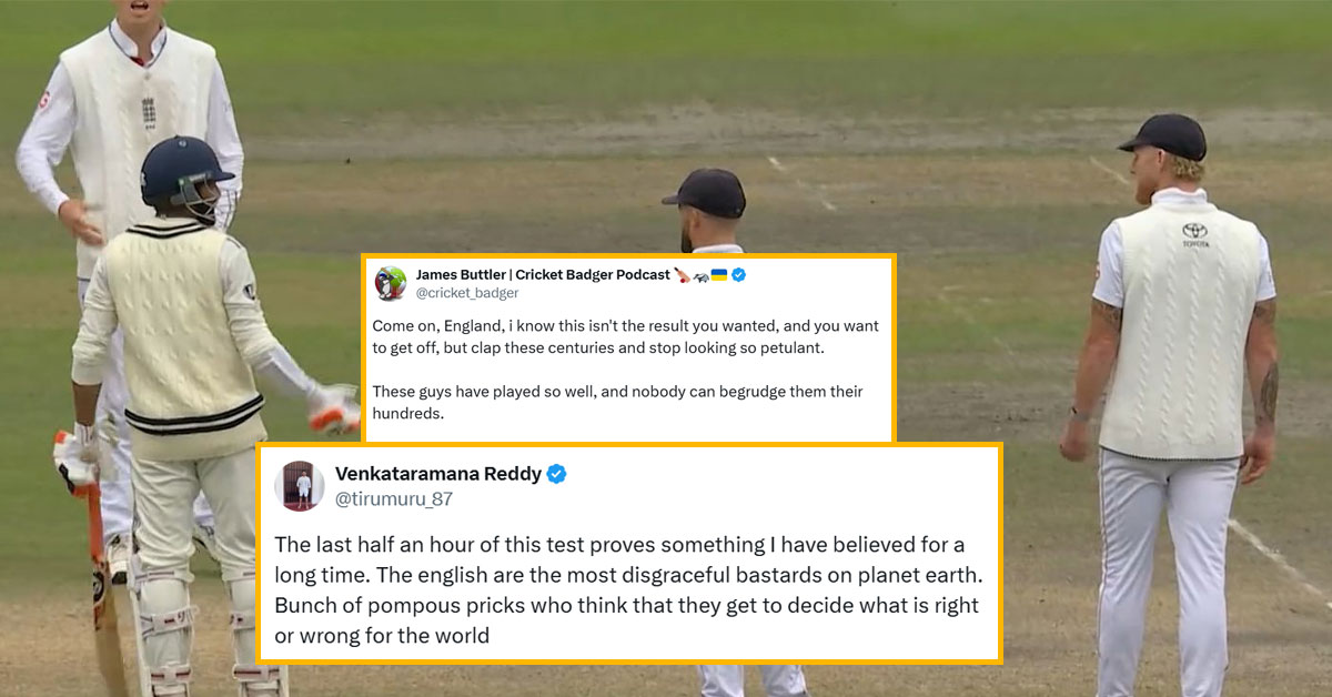 cric_blog's tweet card. Fan criticise England and Ben Stokes after their reaction to India not accepting their initial offer for a draw in the Manchester Test.