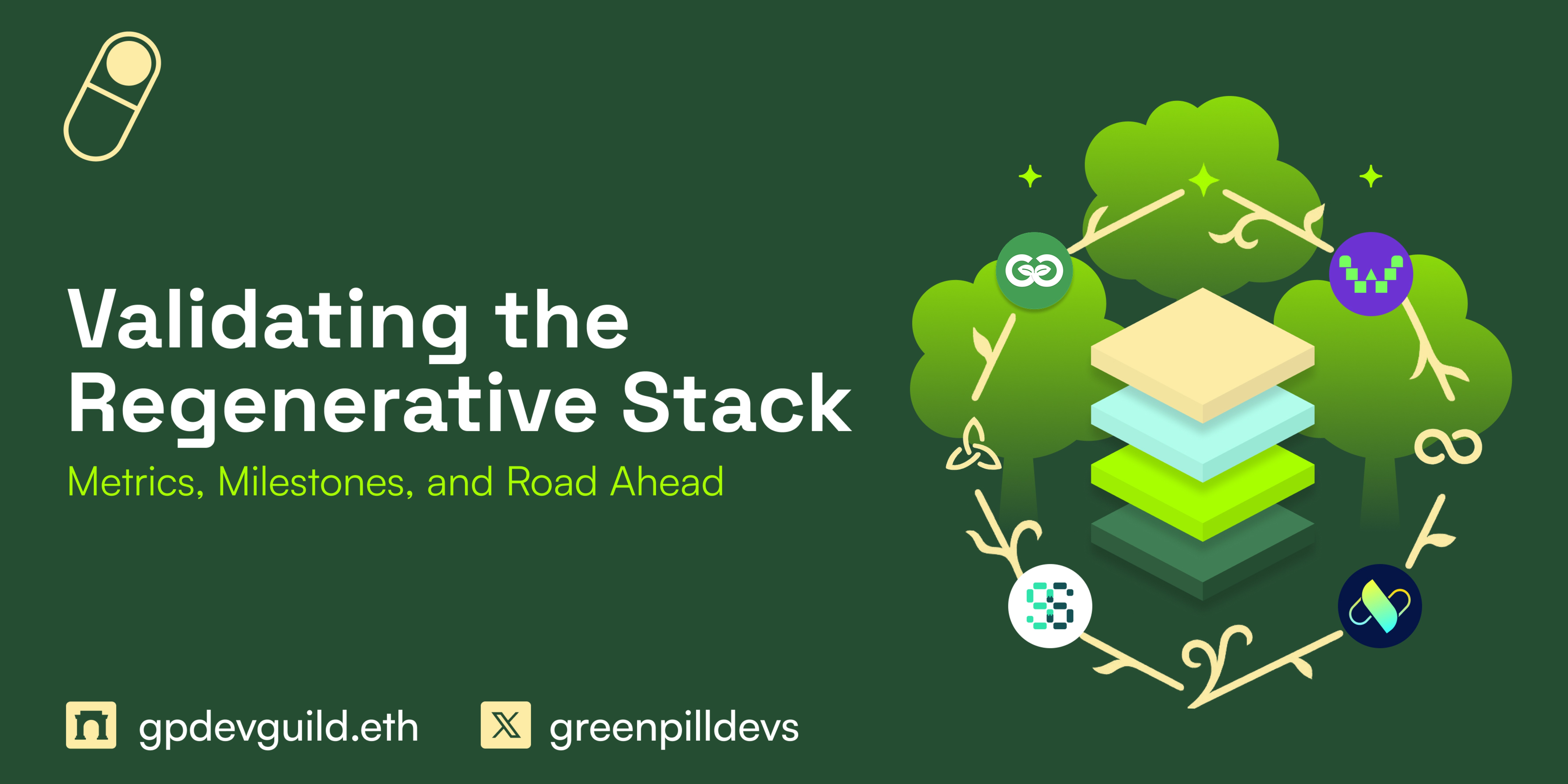 greenpilldevs's tweet card. From vision to reality — join us as we test, iterate, and scale the Greenpill Dev Guild’s four-layer regenerative stack. Discover how we're piloting impactful tools, measuring success, and building...