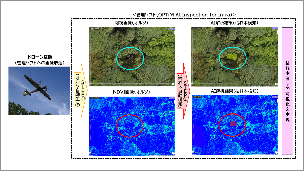 dronejournal_jp's tweet card. 　2025年7月23日、オプティムと九電ドローンサービス（以下、QDS）は、これまでQDSが提供していた「枯れ木検知サービス（以下、従来サービス）」に、オプティムのAI解析技術を組み合わせた「枯れ木検知AIサービス」を新たに開発したと発表した。枯れ木をAIで自動検出することで、枯れ木調査業務の高度化・効率化を目指す。