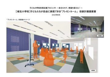 renovation_bot's tweet card. 姫路市のプレスリリース（2025年7月28日 13時42分）城北小学校 プロジェクトルーム リノベーションワークショップについて