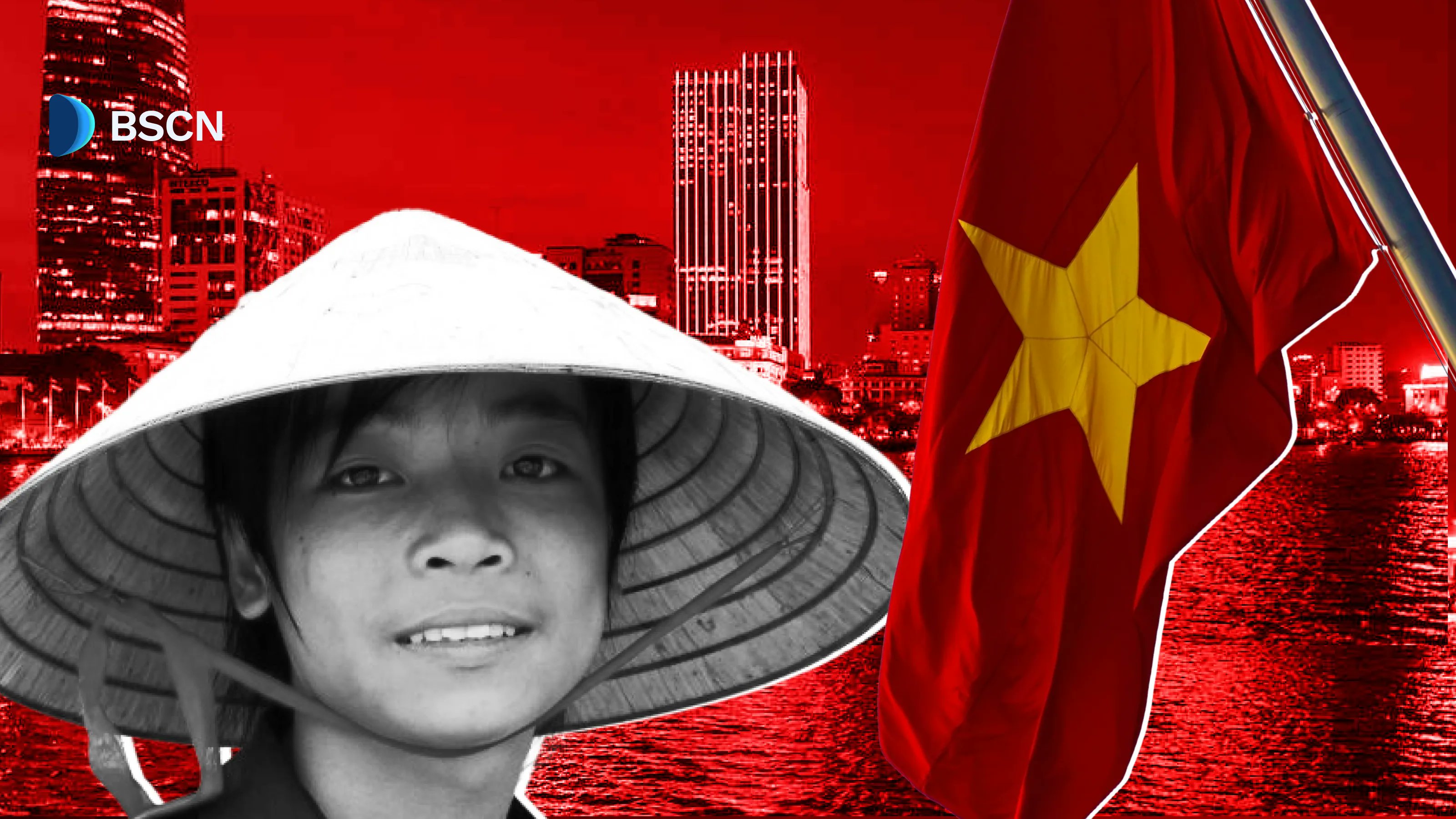 越南NDAChain发布，人物佩戴传统帽子，背景为国旗和城市天际线