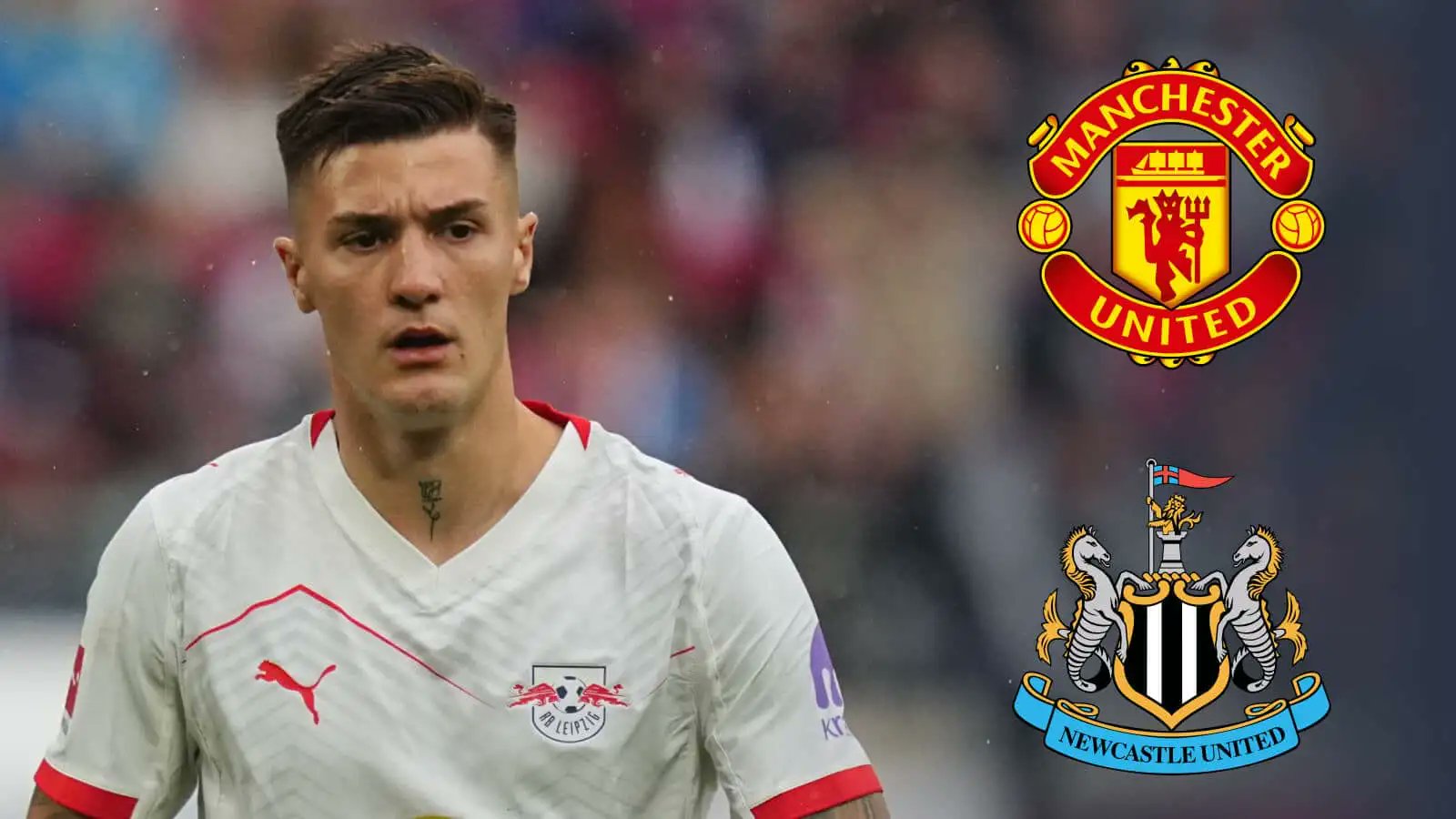 TEAMtalk's tweet card. Manchester United are in talks with RB Leipzig and Slovenia international striker Benjamin Sesko, but so are Newcastle United.