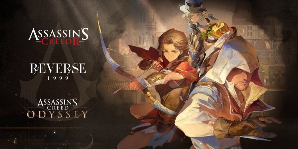 PocketGamer's tweet card. Reverse: 1999’s Assassin’s Creed crossover begins August 7th, featuring Ezio, Kassandra, and a free Alexios