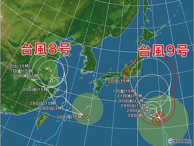 Minatchi2's tweet card. 日本周辺には2つの台風があり、それぞれ影響が出ています。台風8号は今夜にかけて沖縄本島を通過する見通しで、通過後も大雨や暴風、高波に注意が必要です。台風9号も今夜にも小笠原諸島が暴風域に入る予想で、その後は北上し、8月1日～2日頃には関東地方に近づく恐れも出てきました。