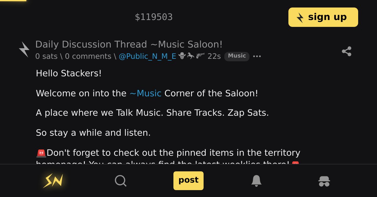 stacker_news's tweet card. Hello Stackers! Welcome on into the ~Music Corner of the Saloon! A place where we Talk Music. Share Tracks. Zap Sats. So stay a while and listen. 🚨Don't forget to check out the pinned items in the...