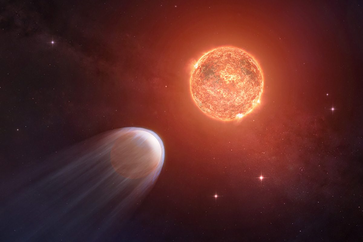 skyatnightmag's tweet card. Star TOI 1227 is unleashing a relentless barrage of X-rays, and planet TOI 1227 b is taking the full hit, causing it to lose its atmosphere.