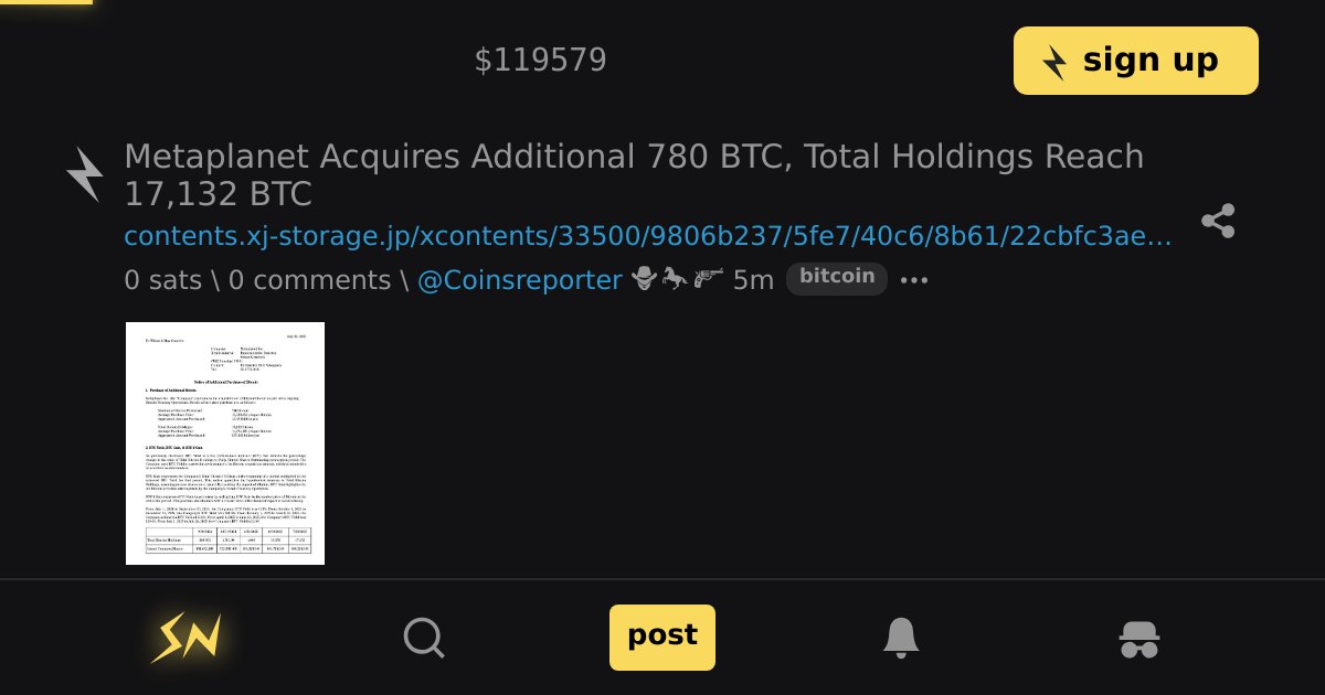 stacker_news's tweet card. Metaplanet Acquires Additional 780 BTC, Total Holdings Reach 17,132 BTC \ stacker news ~bitcoin