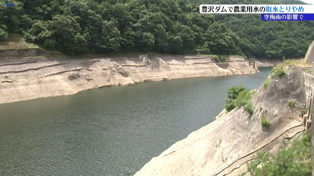 IBC_online's tweet card. 空梅雨の影響により一部地域のダムでは深刻な水不足となっています。このうち、岩手県花巻市の豊沢ダムでは農業用水の取水を一時的に取りやめています。本来であればこの時期、梅雨の雨により水を満たしているはず…