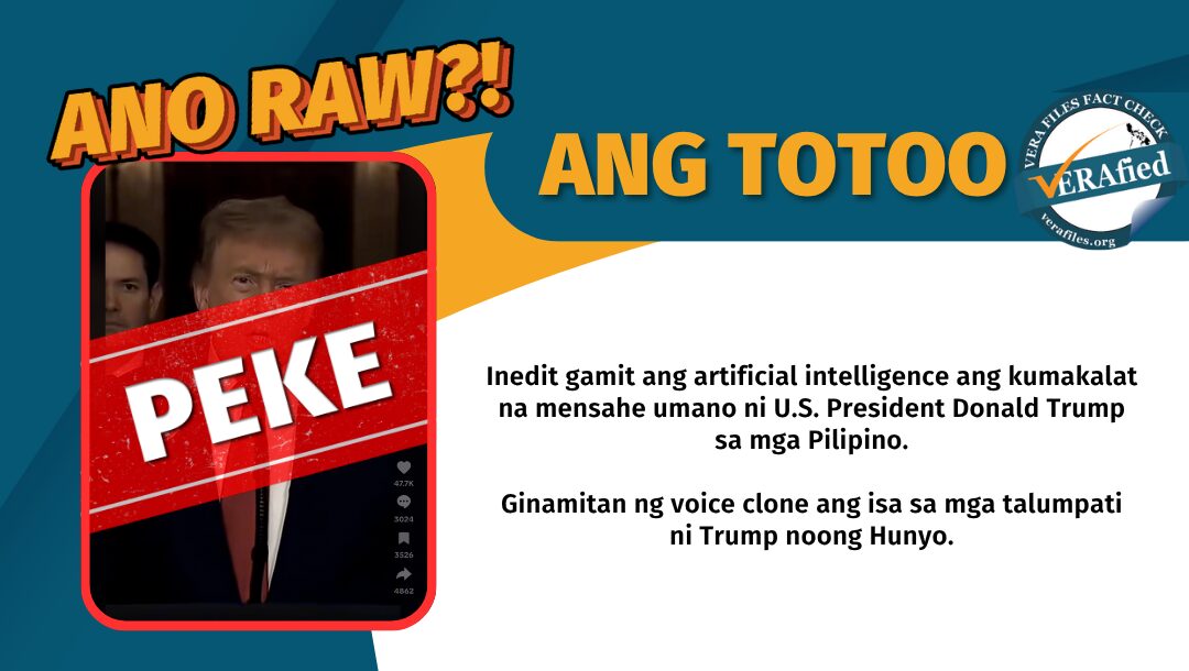 verafiles's tweet card. Kumakalat online ang video ni United States President Donald Trump na hinihikayat umano ang mga Pilipino na manindigan laban sa mga tiwaling pulitiko. Peke ang clip at inedit gamit ang AI.