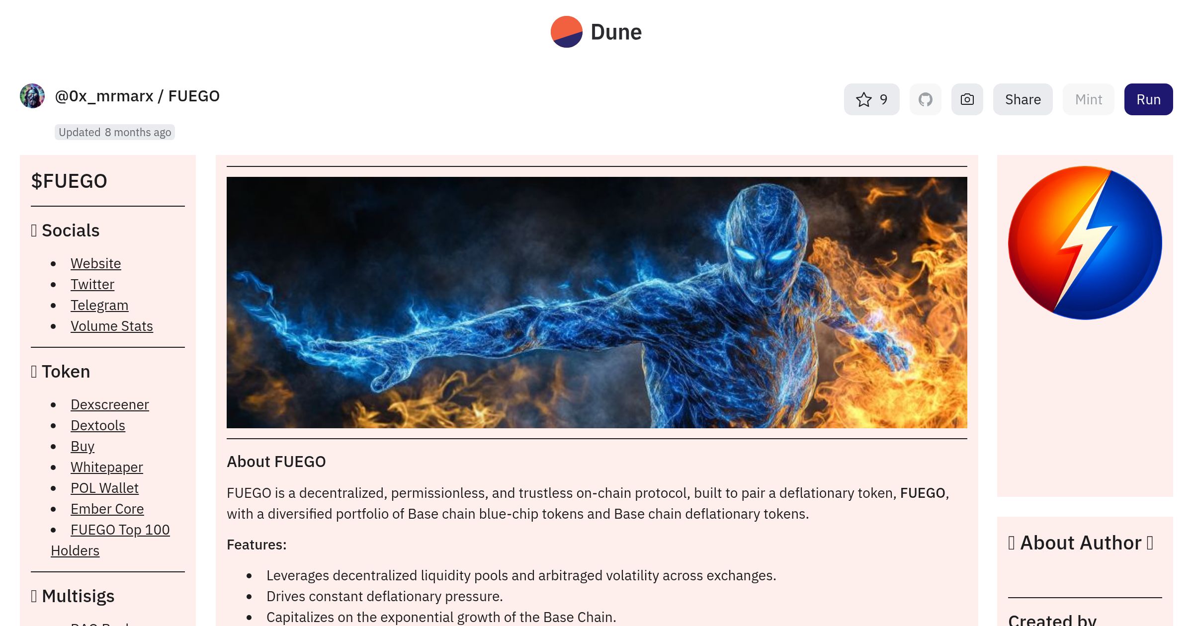 FUEGO_BASE's tweet card. Dune is the all-in-one crypto data platform — query with SQL, stream data via APIs & DataShare, and publish interactive dashboards across 100+ blockchains.