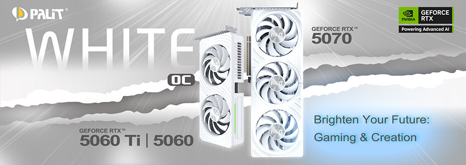 mn_pc_digital's tweet card. Palitは7月28日、製品ラインナップにNVIDIA GeForce RTX 50 WHITEシリーズを追加し、ホワイトモデルを展開すると明らかにした。いずれも工場出荷時にOCが施されており、性能の強化も図られているという。