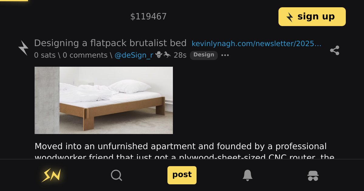stacker_news's tweet card. Moved into an unfurnished apartment and founded by a professional woodworker friend that just got a plywood-sheet-sized CNC router, the author has been designing a bedframe inspired by Christoffer...