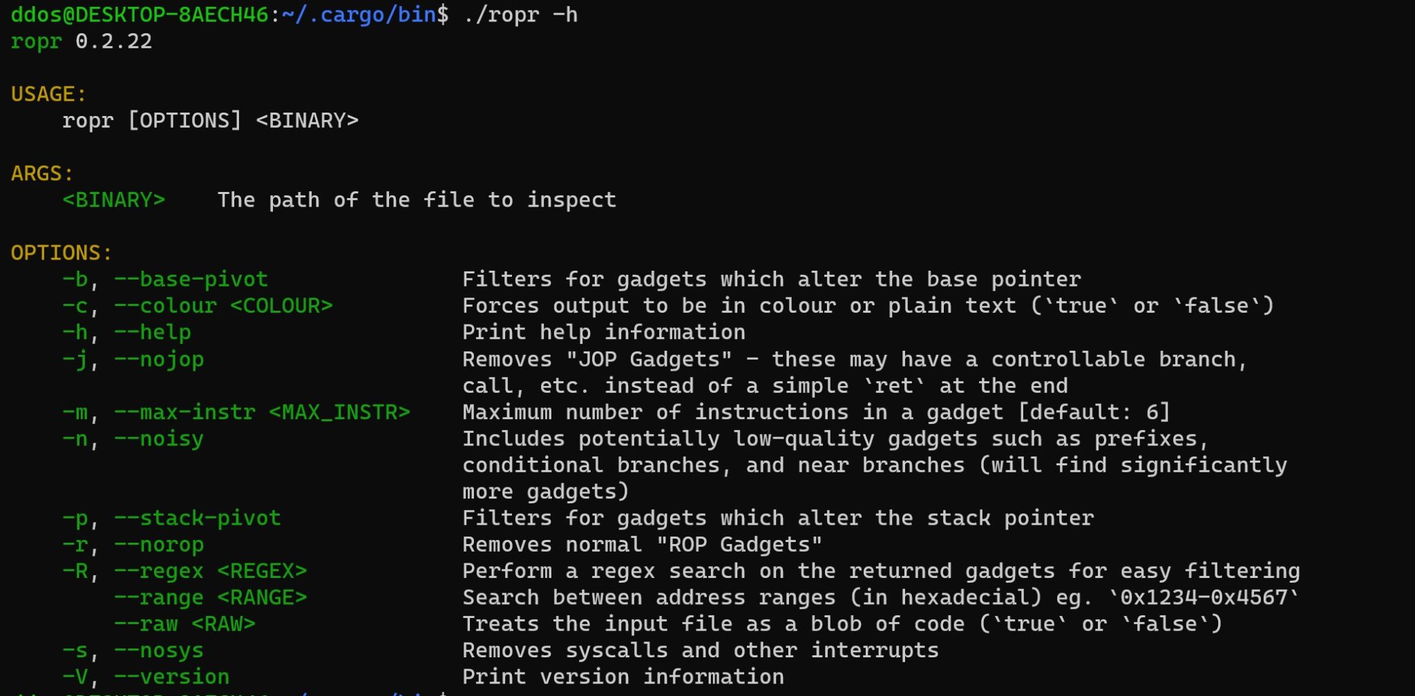 the_yellow_fall's tweet card. ropr is a blazing fast multithreaded ROP Gadget finder. These gadgets may be used for binary exploitation and to subvert vulnerable executables.