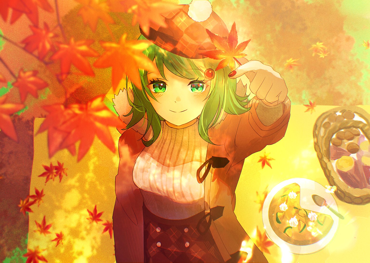 GUMIfromMegpoid's tweet card. 【11月】紅葉の下で（GUMI）は、おはぎもちのイラスト作品です。#GUMI #GUMI2026カレンダー #11月 鮮やかな紅葉の中、微笑んでるGUMIちゃんを描きました。