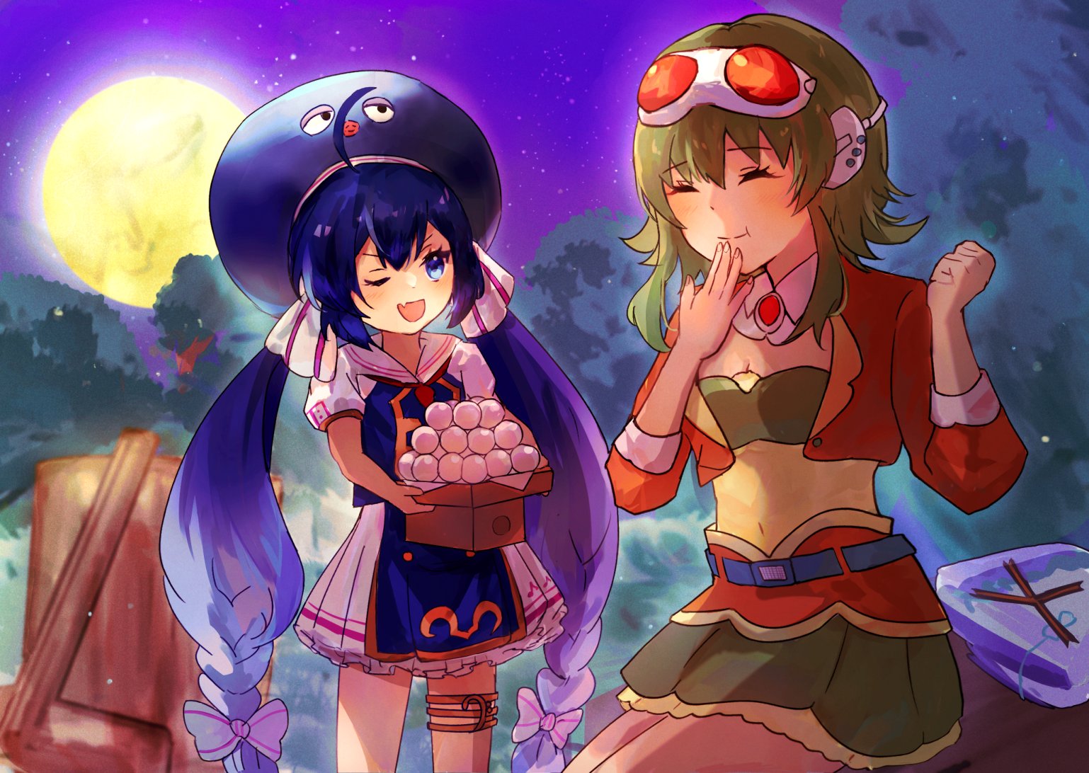 GUMIfromMegpoid's tweet card. 【9月】みんなでお月見（GUMI）は、おはぎもちのイラスト作品です。#GUMI #GUMI2026カレンダー #9月 みんなでお月見するGUMIちゃんを描きました。 お団子を美味しそうに食べるGUMIちゃんと、誇らしげにしている音街ウナちゃんの表情が可愛く描けました。