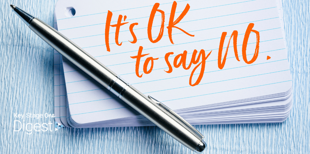 VickiDigest's tweet card. Advice on overcoming people-pleasing and saying no for teachers.
